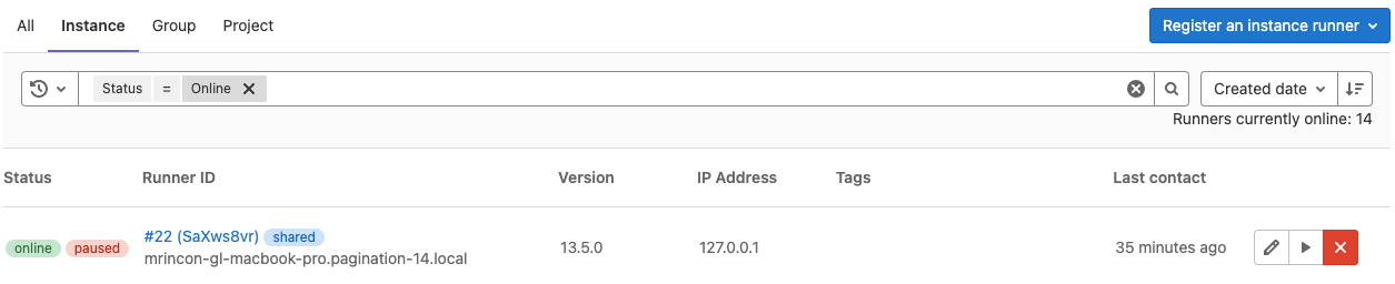 Attributes of a runner filtered by status.