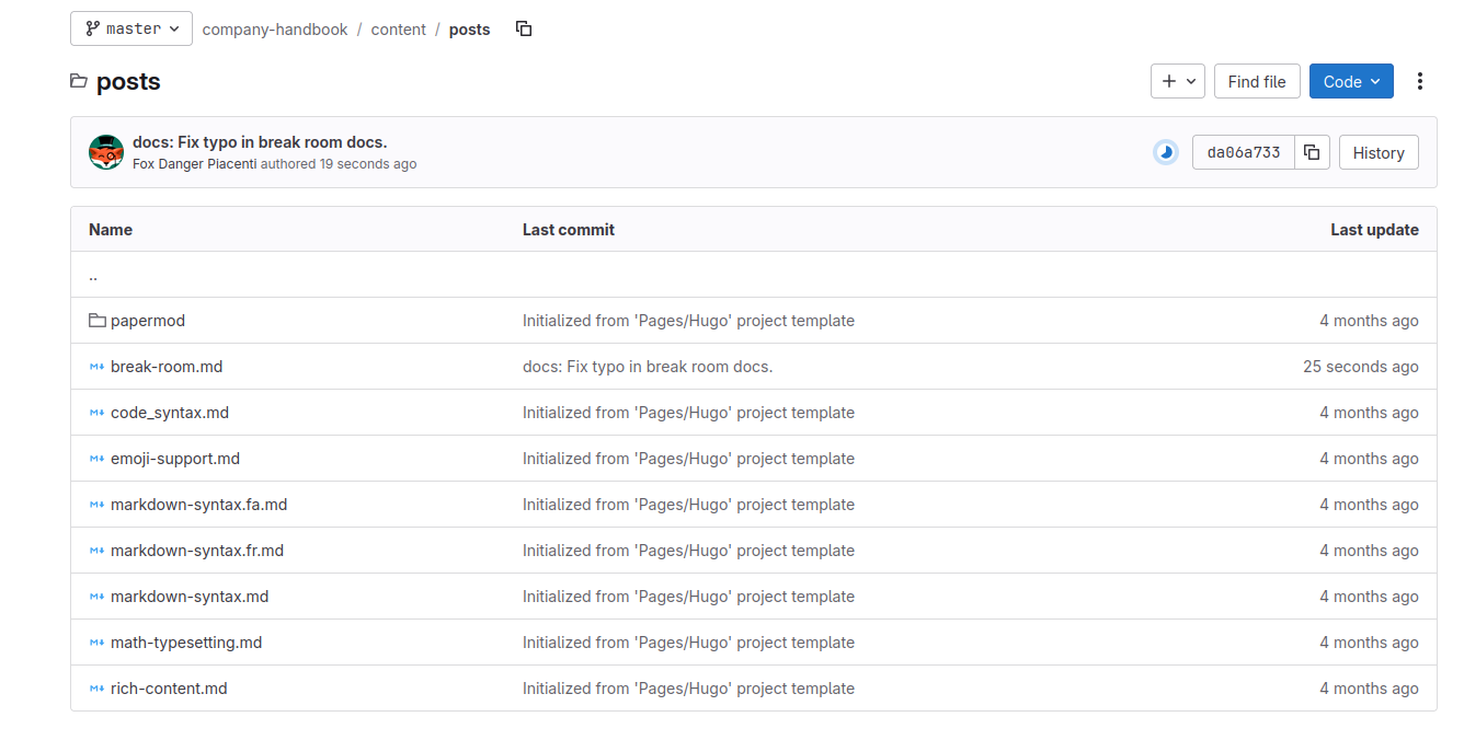 A file listing on the project home page. It shows a project named "Company Handbook" with files named things like "break-room.md".