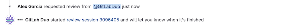 Merge request activity feed showing a review session started by GitLab Duo.